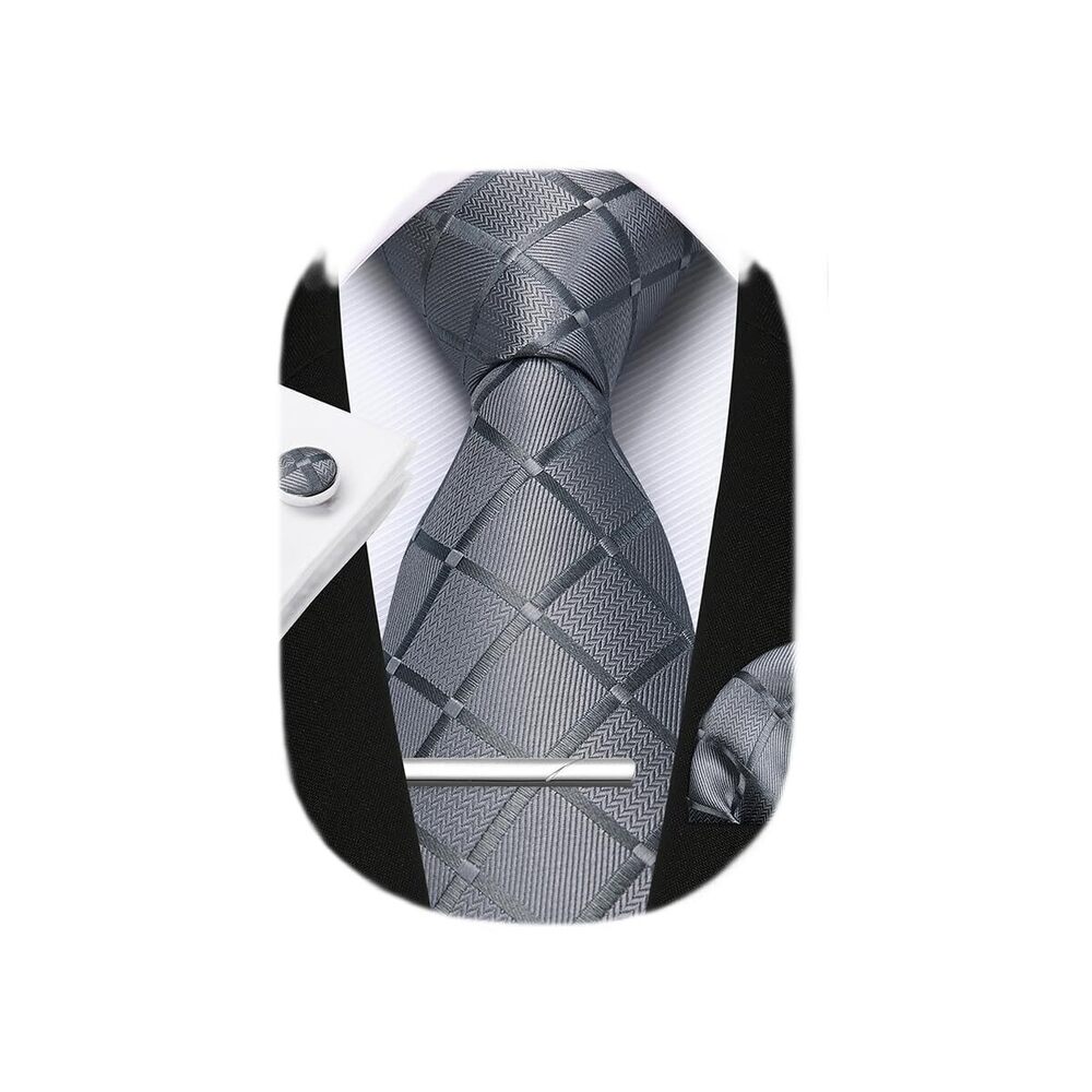 7609 Grey Tie Checkered Ties and Pocket Square Cufflinks Tie Clip Set Silk